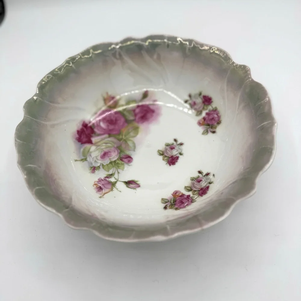 Vtg German‎ Lusterware Porcelain Serving Bowl Floral Cabbage Rose Grannycore 9
